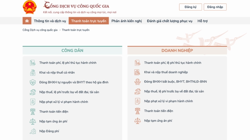 Nộp thuế đất qua Cổng Dịch vụ công quốc gia.